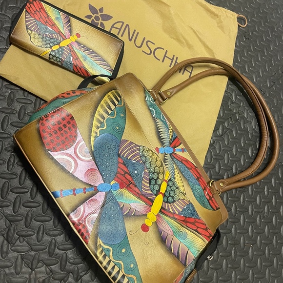🎨Anuschka Hand-Painted Genuine Leather Bag Set-Dragonfly&Seaside Designs+Wallet - Picture 1 of 4